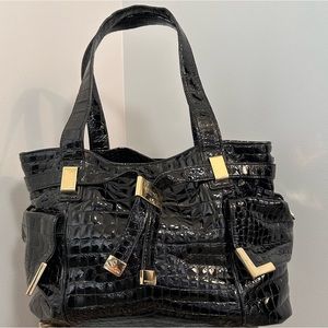 Michael Kors Beverly Croc Embossed Black Patent Leather Satchel w/ Gold Hardware